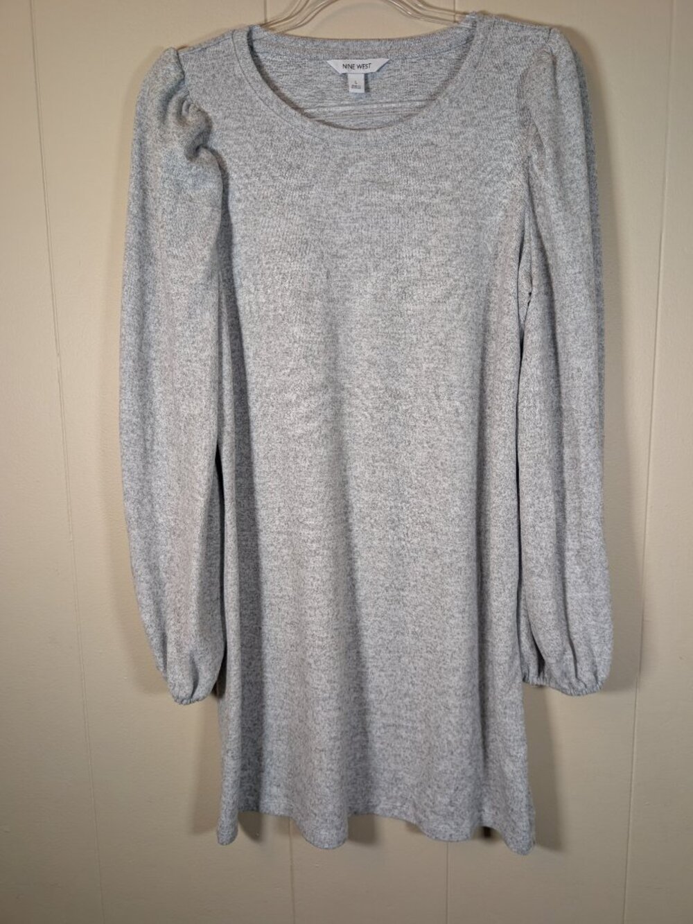 COZY Sweater Dress Nine West L Gray Puff Sleeve Long Sleeve Stretch Knit